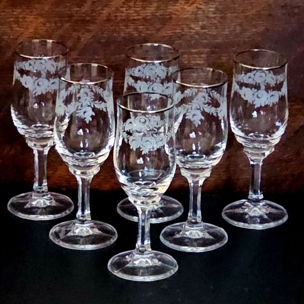 6 Johann Haviland Sweetheart Rose Cordial Glasses 4.75" Bavaria silver trim roma